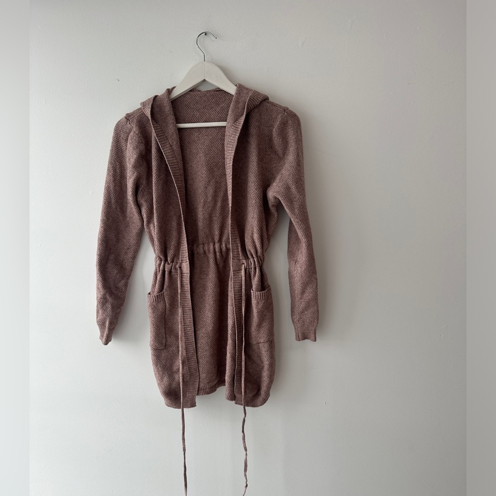 Mocha Brown - Knit Open Front Hooded Sweater - Drawstring - Size Medium